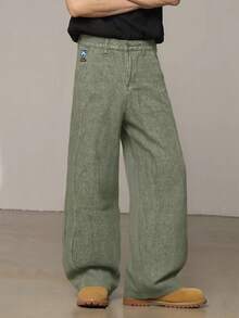 1pc Retro American Style Men's Loose Fit Wide Leg Brown Jeans, Cartoon Elephant Embroidery, Unisex (Belt And Accessories Not Included) - Army Green - View 3