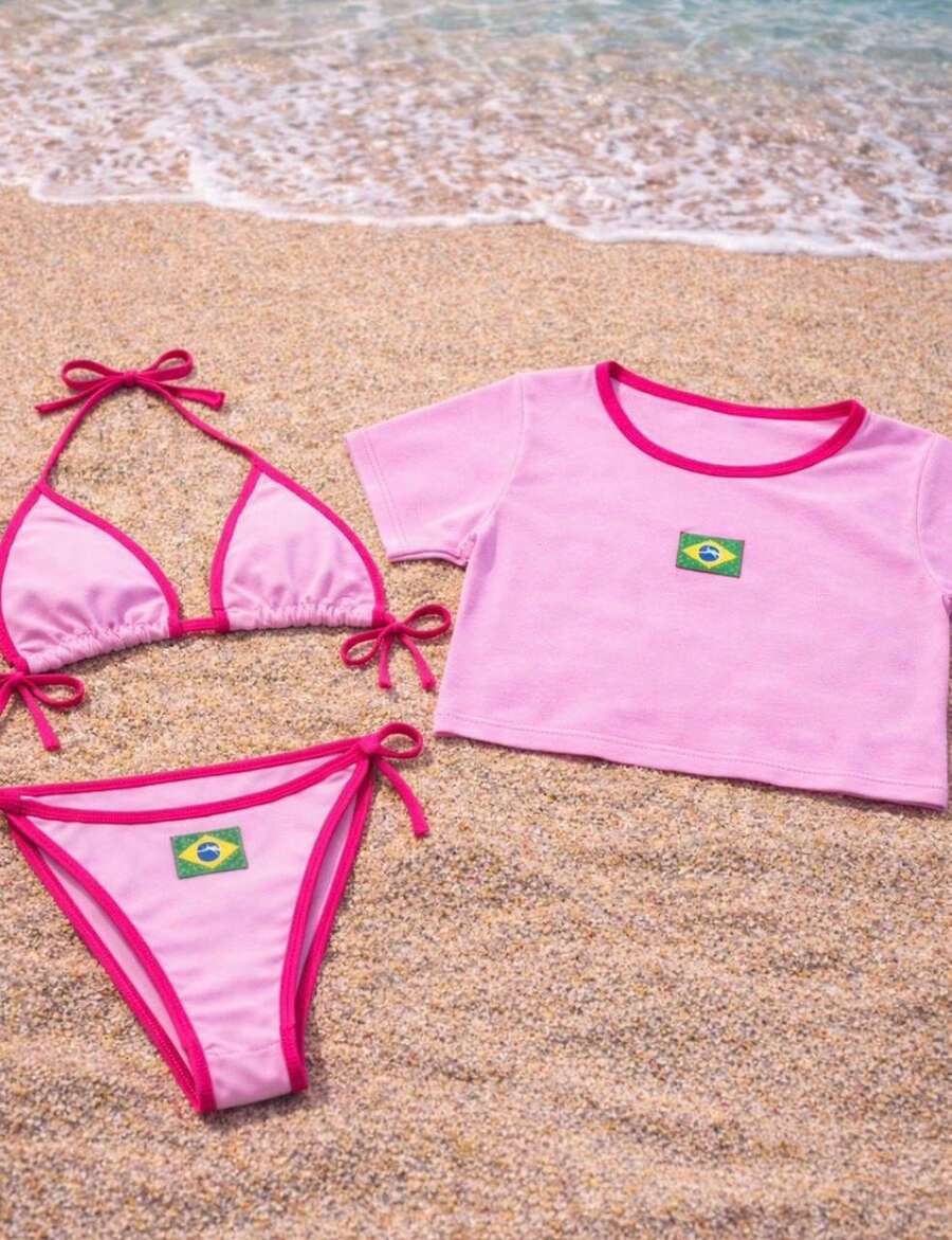 3-Piece Bikini Set: Cropped Top, Brazil, Beach, , Brazilian Flag, World Cup, Youth Fashion, Versatile - 玫紅色 - 查看 1