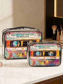 Nuevo bolso cosmético de PVC con patrón de casete retro, tema "Solo se vive una vez, no se puede volver a hacer", organizador de viaje con cremallera de PVC, ligero y resistente a la decoloración, adecuado para el maquillaje y los artículos de tocador de mujeres y niñas, fácil de limpiar, diseño estético de moda, aplicable para viajes, vacaciones, vuelta al colegio y otras ocasiones, bolsa de aseo, bolsa de viaje, bolsa de ducha, bolsa impermeable, gran capacidad, cubos de embalaje, artículos de viaje esenciales para mujeres, artículos esenciales para cruceros, artículos esenciales para vacaciones, artículos de viaje - Multicolor - Ver 3