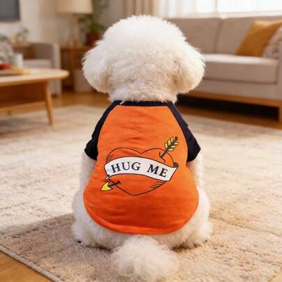 情人节宠物服装，小型犬T恤，“抱抱我”心形箭头印花狗狗短袖，轻薄透气，适合贵宾犬、泰迪犬、猫咪等宠物，春夏穿着