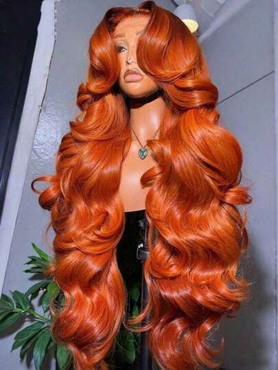 350 Ginger Orange Wavy 13x4 Lace Front Blended Human Hair Wig, For Women, Pre-Plucked, Suitable For Cosplay, Daily Party, Heat Resistant Fiber Hairline Wig, Wedding Gift