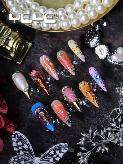 Vanity 10pcs Handmade Stiletto Press On Nails,Orange,Pink,Purple,Blue,Gradient Color,3d Three-Dimensional Decoration Elemant,Candy Star,Colorful Rhinestone Decor,Y2K Full Cover Acrylic Press On Nails Y2K Chams Kit, Charming Nail Supplies Art For Girls And Women With 1pc Mini Nail File & 1 Sheet Adhesive Tabs ,Suitable For Daily,Party,Wedding,The Best Gift