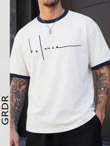 GRDR Minimalist Letter Print T-Shirt - Retro Contrast Collar Short Sleeve, Comfortable & Breathable For Summer Wear - White - View 1