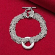 925纯银镀层多链圆环手链，男女皆宜，适合婚礼、订婚、派对等场合佩戴，时尚饰品 - 銀色 - 查看 2