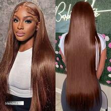 8-36英寸假发，真人混纺发丝，180密度，13x4蕾丝前额假发，真人混纺发丝，预先拔毛，带婴儿绒毛，15A级无胶直发前额假发，真人混纺发丝，女士棕色假发 - 棕色 - 查看 5