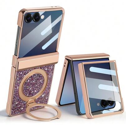 VIETAO High-Quality Shiny Electroplated Hidden Circular Bracket Phone Case With Tempered Glass Screen Protector For Samsung Galaxy Z Flip 7/6 Foldable Phone, Full Protection