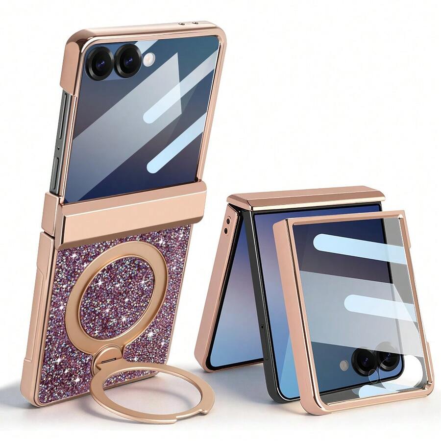Shockproof Shiny Glitter Electroplated Hidden Circular Bracket Phone Case With Tempered Glass Screen Protector Compatible With Samsung Galaxy Z Flip 7/6 Foldable Phone Full Protection Birthday Gift - Purple - View 1