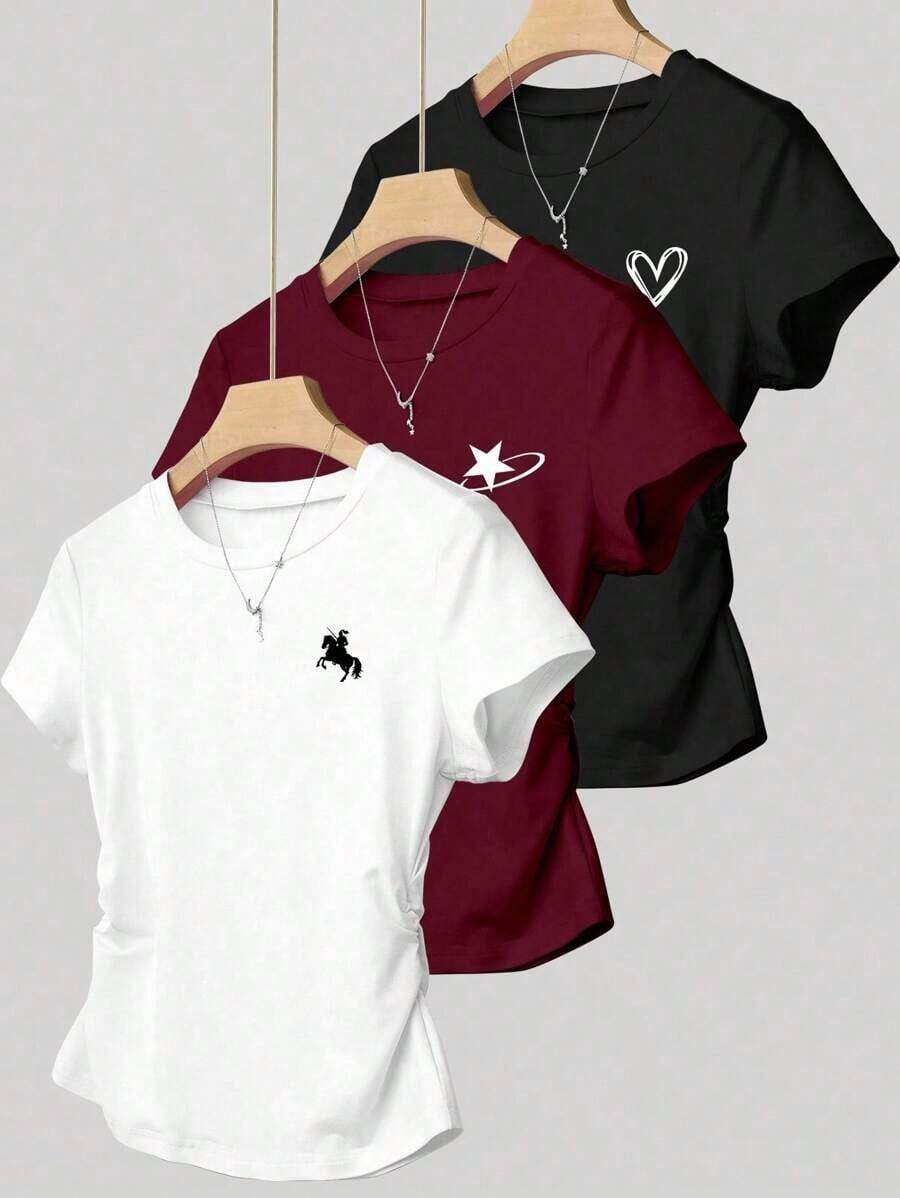 A Simple Solid-Color Short-Sleeved T-Shirt Set For Women, Suitable For Daily Wear And Easy To Match With Various Outfits. Includes 1 Piece - Multicolor 6 - View 1