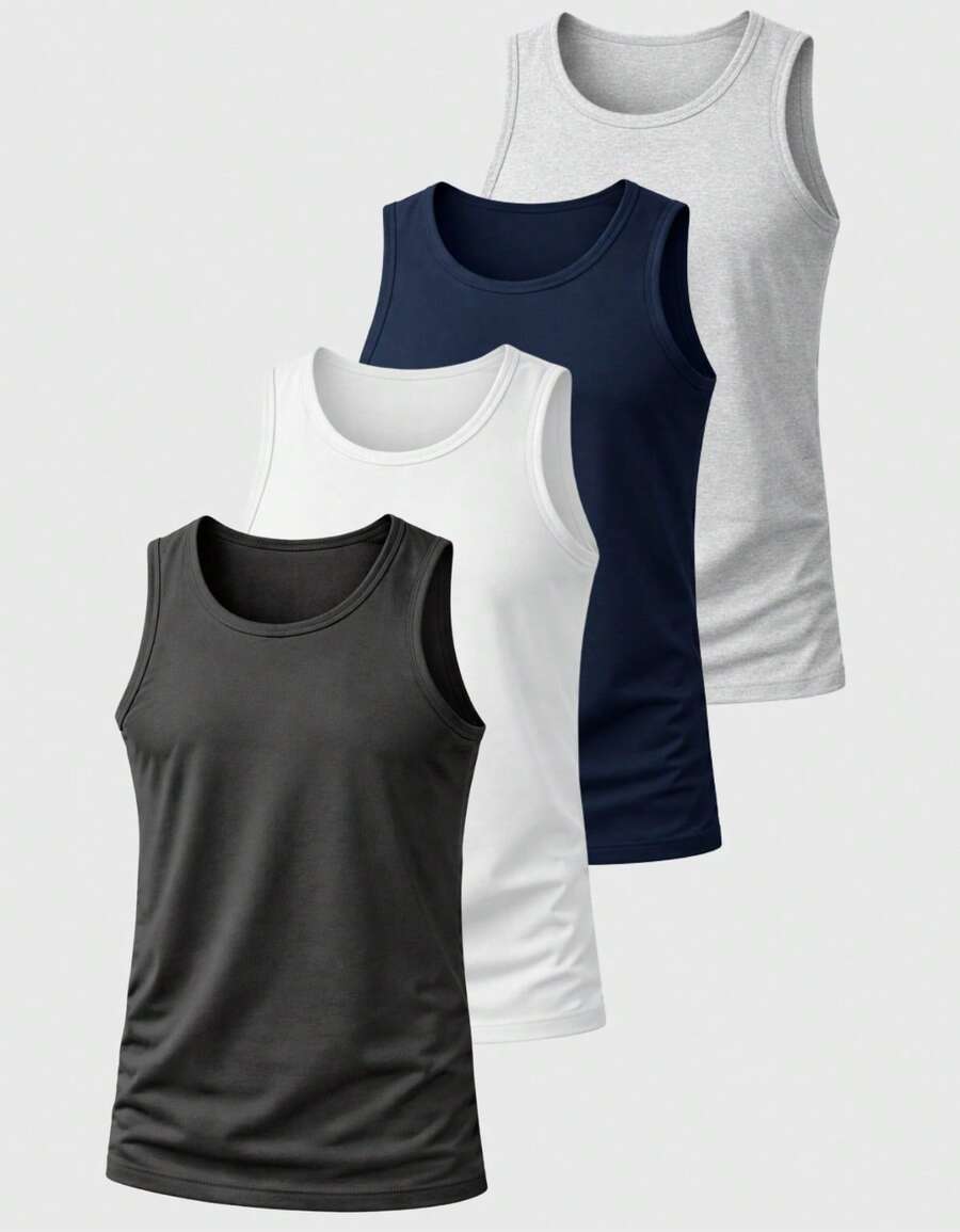 Kit 04 Men's Cotton Tank Top Shirt Comfortable Basic Plain - Blue - View 1