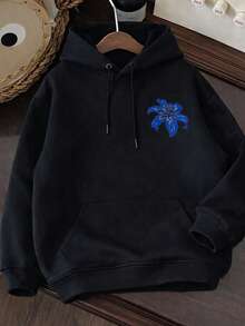 Kangaroo Hoodie With Sea Star Print, Beach-Style Flannel-Lined Sweatshirt, Cotton Jacket - Đen 1 - Xem 3