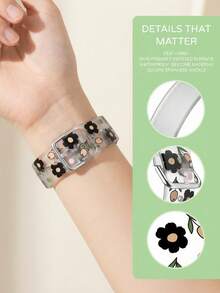 Bracelet de montre en silicone pour femme, style décontracté et jeune, compatible avec Apple Watch (38 mm, 40 mm, 41 mm, 42 mm, 44 mm, 45 mm, 46 mm et 49 mm). Base transparente ornée de fleurs multicolores. Bracelet de rechange pour montre connectée, idéal pour un usage quotidien et les activités de plein air. Un cadeau parfait pour vos proches. - Noir et Blanc - Voir 5