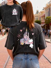 This Disney Women's T-Shirt Features A Creative Marie Cat Letter And Cartoon Double-Sided Print. It's A Spring/Summer Style Round Neck Retro Washed Cotton T-Shirt, Made Of Soft And Comfortable Pure Cotton Fabric, Suitable For Everyday Wear, Shopping, Travel, And Casual Occasions. It Also Makes A Wonderful Gift. - 黑色 - 查看 1