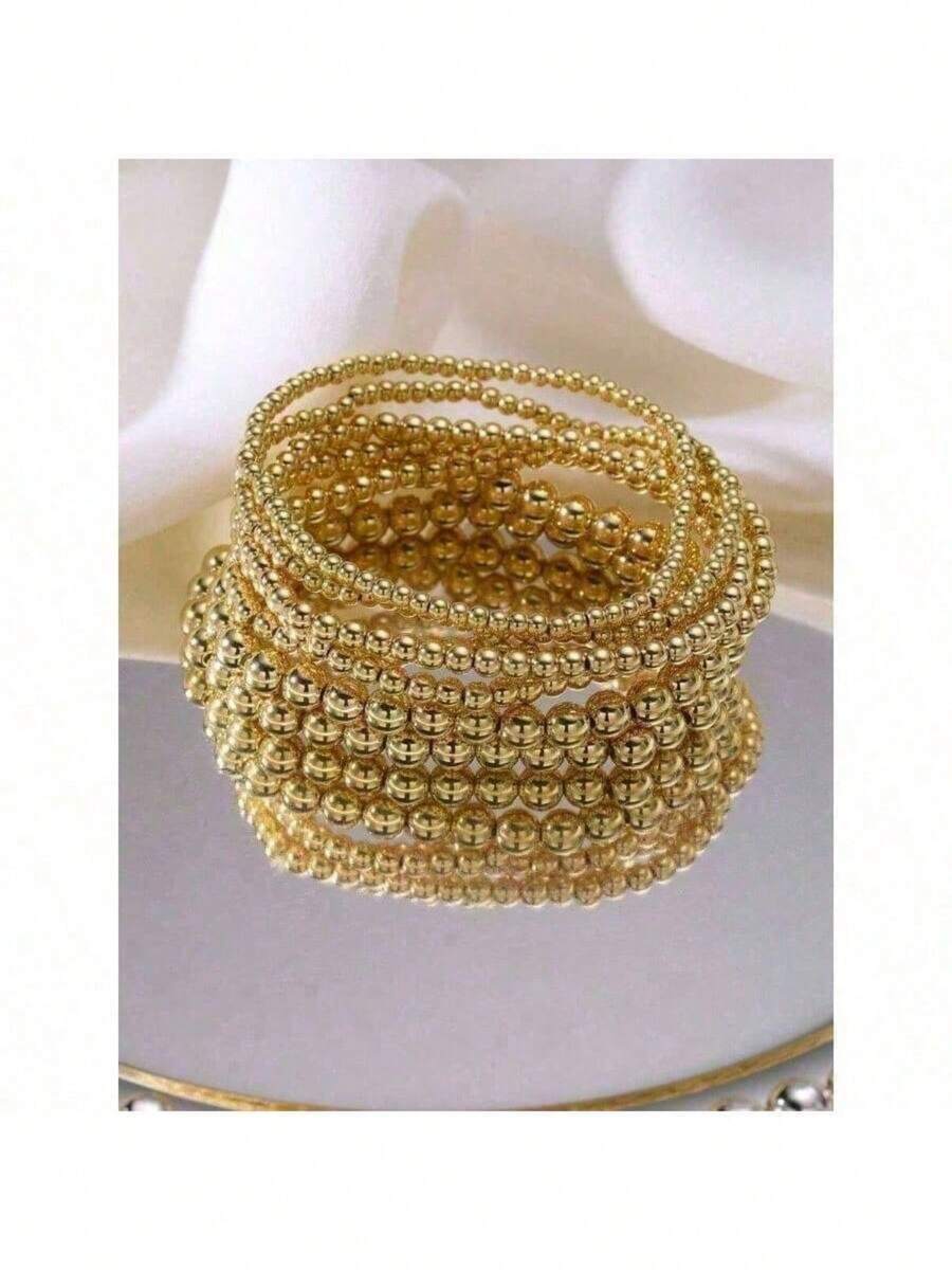 7pcs Gold Bracelets For Women Gold Bracelet Stack Pearl Beaded Bracelets For Women 14K Stretch Bead Ball Bracelet Sets Jewelry For Mother's Day Birthday Gifts - 金子 - 查看 1