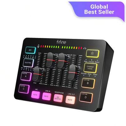 FIFINE 4-Channel RGB Audio Mixer With XLR Microphone Input, 48V Phantom Power, Voice Changer, Custom Sound Effects, Independent Controls, Mute Button, Suitable For Podcasting/Recording/Streaming/Voice/Gaming