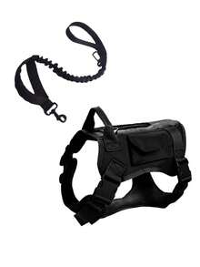 1 套迷彩战术宠物背带和牵引绳套装，带口袋、可调节项圈和胸围，适合中型/小型战术犬 - 彩色 - 查看 11