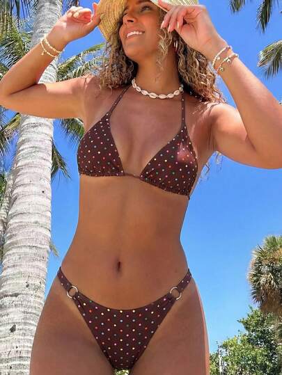 wohenmeili Bộ bikini gợi cảm buộc dây cổ, họa tiết chấm bi, thích hợp cho kỳ nghỉ hè 2026 dành cho nữ.