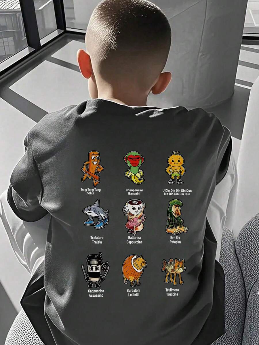 1件男童休闲圆领短袖T恤，印有神话生物图案，夏季学生服装 - 印有山海经人物图案的T恤为每个孩子带来欢乐和幸福！ - 深灰色 - 查看 1