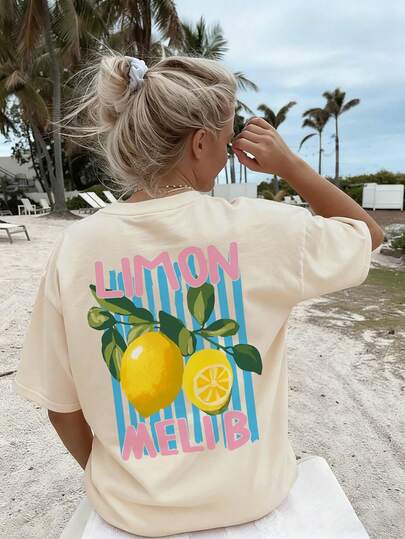 New Summer Women Simple Letter "LIMON" Lemon Print Round Neck Camel Short Sleeve T-Shirt, Fashionable And Versatile, Suitable For Women's Daily And Spring Holiday Wear Casual