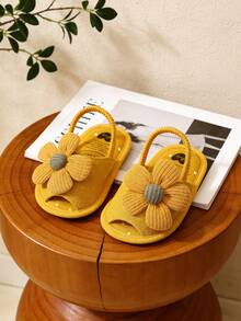 新生儿女童夏季凉鞋，花朵蝴蝶结软底婚纱平底鞋，婴儿学步鞋 - 黃色 - 查看 9