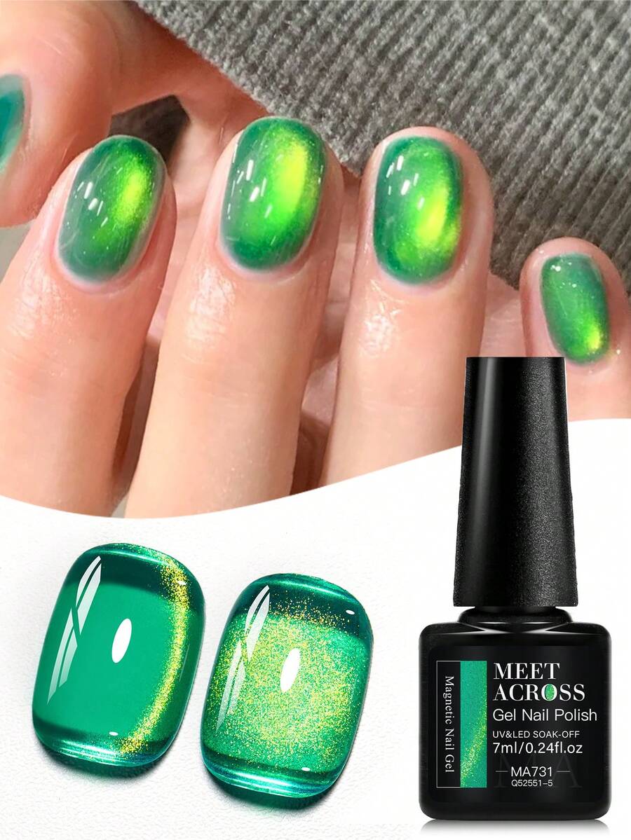 MEET ACROSS 1pc 7ml Jelly Colored Stone Cat Eye Gel Nail Polish, Gold Light Ultral Shine Gradient Magnetic Semi Permanent Soak Off UV Gel Varnish For Summer Nails, Manicure Nail Art Degign For Home And Salon Nail Supplies - 彩色 - 查看 1