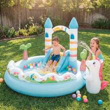 Intex 充氣兒童遊樂中心，附滑梯、獨角獸城堡（附噴水器）、彩色球、遊戲圈和泳池，尺寸 196x178x127 公分 ✅ 24/48 小時送達西班牙大陸 - 彩色 - 查看 2