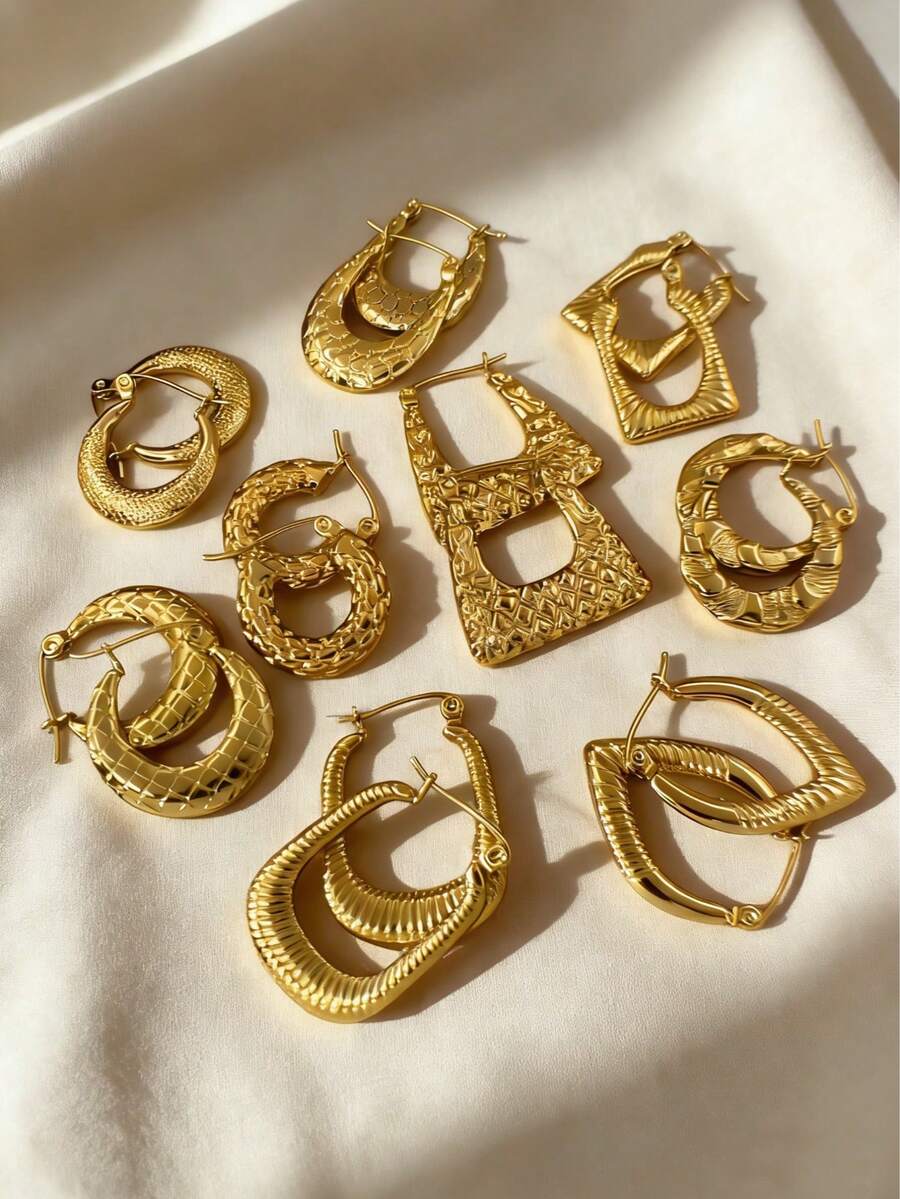 18件套18K镀金不锈钢优雅耳环，多元素设计，闪耀夺目。适合日常佩戴和特殊场合，是送给女士的理想礼物。 - 金色 - 查看 1