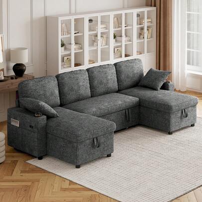 Corner Sofa Bed, U-Shaped Sleeper Sectional Couch Bed, 3-In-1 Corduroy Convertible Pull Out Sofa Bed With Adjustable Backrest, Storage And Cup Holder For Living Room
