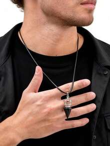 1pc Minimalist Stainless Steel Crown & Natural Tiger Eye Stone Pendant Necklace For Men, Father's Day Gift - Silver - View 3