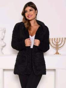Simple Casual Party Woolen Fabric Fuzzy Coat Everyday Winter - 黑色 - 查看 6