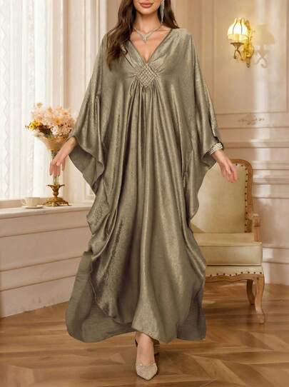 Solessence Elegante vestido de caftán de satén color champán para mujer, vestimenta casual con mangas de murciélago