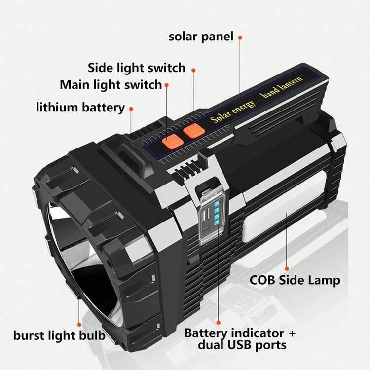 1/2 PCS Portable Rechargeable Solar Flashlight, Outdoor Handheld Spot Flood Lights With Sidelight, 3 Lighting Modes And Handle, For Emergency Hiking Camping Fishing Boating - màu đen - Xem 9