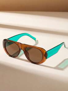 1 Pair Unisex Retro Aviator Wide Frame Fashionable Glasses, Suitable For Decoration, Outdoor Travel, Beach Vacation, Casual Wear, Daily Outfit, Summer - Transparent Tea Frame With Green Tea Leaves - View 2