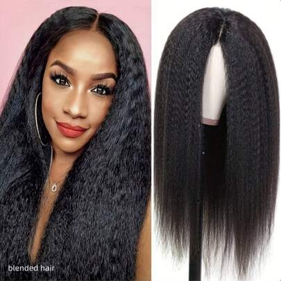 32inch Kinky Straight Human Blended Hair Wig 13x4 Transparent Lace Closure Kinky Straight Wigs 180% Density Human Blended Hair Wigs Glueless Pre Cut Lace Natural Black