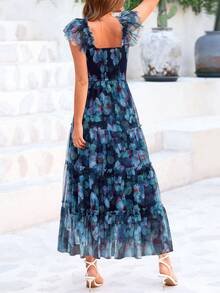 Women's Summer Mid-Length Dress Casual Sleeveless Pleats Ruffled Tulle Flowing New Year Party Wedding Guest Graduation Sundress - 藏藍底藍花 - 查看 2
