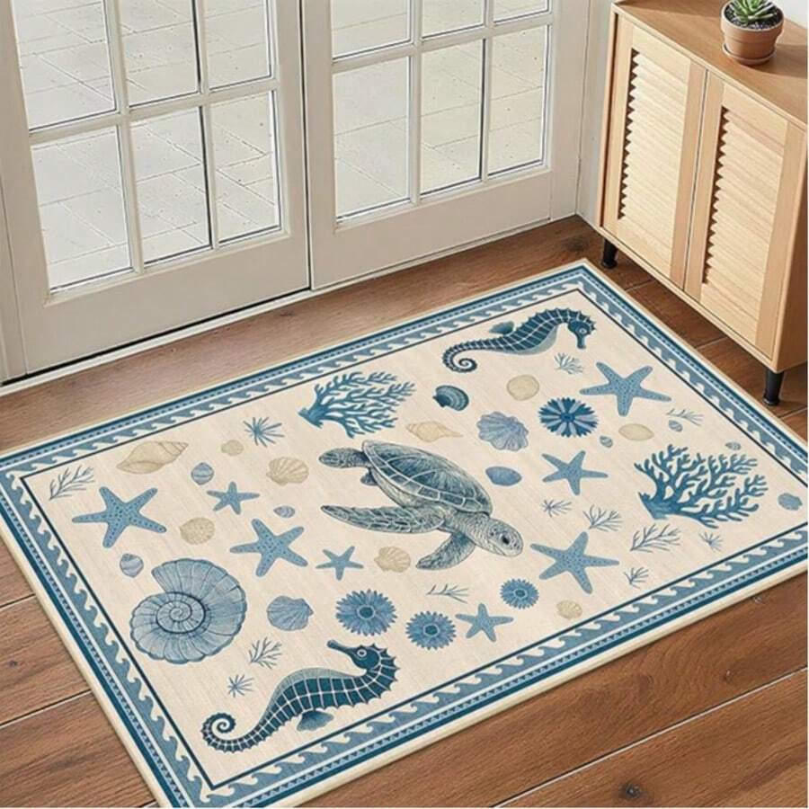 1pc Vintage Watercolor Sea Turtle & Seahorse Print Rug, Blue Ocean Element Kitchen Mat, Washable Indoor Carpet For Home Decor, Bedroom, Doormat, Runner Rug, Spring Decoration - contracted design - View 1