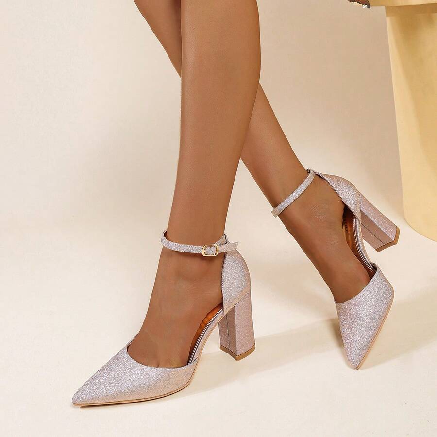 Womem's Glitter Pointed Toe Ankle Strap Block Heel Party Shoes - CHAMPA - View 1
