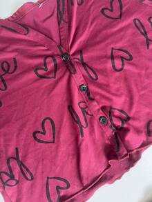 Women's Pajama Set Sleepwear Blouse And Cropped Top With Heart Print, Button-Down Cropped Top, Elastic Waist Pants, Warm Suede, Everyday Wear, Sizes P, M, G, GG, Night Comfort Line - 酒紅色 - 查看 8
