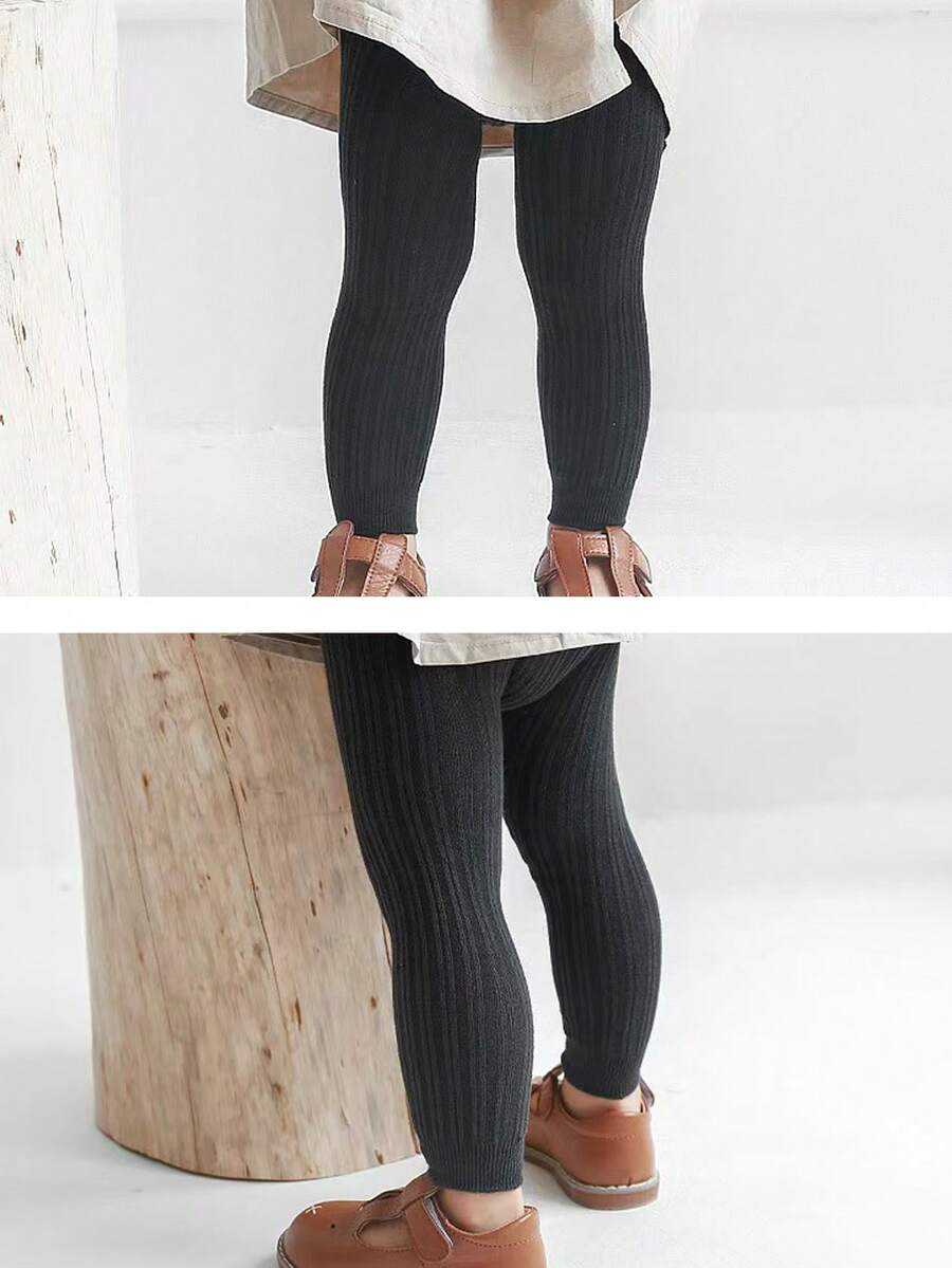 1pc Striped Leggings, 9/10 Length, Snug Fit, For Matching With Skirts - Black - View 1