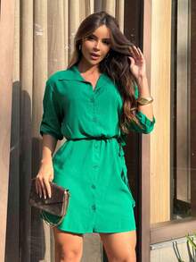 Button-Down Shirt Dress With Sash. - Verde - Ver 6