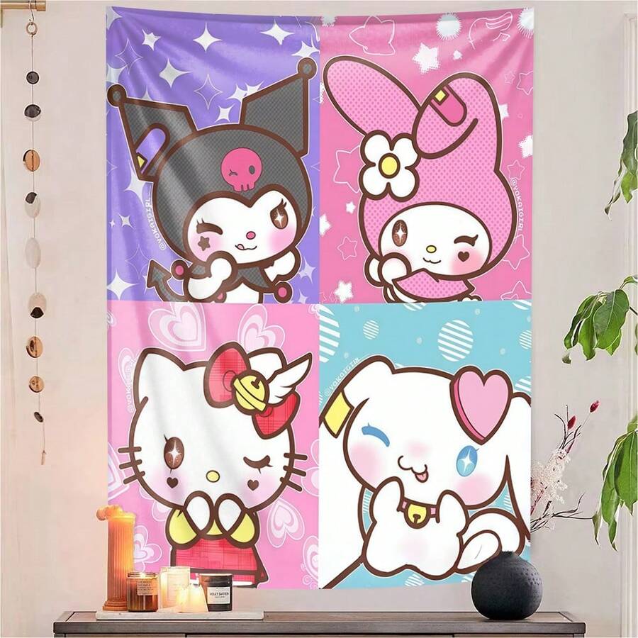 1 Tấm thảm treo tường Sanrio Hello Kitty Kuromi My Melody Cinnamoroll, tranh nghệ thuật lưới 4 màu, chất liệu vải polyester mềm mại, thích hợp trang trí phòng ngủ và phông nền tiệc. - Nhiều màu - Xem 1