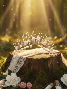 1PC Romantic White Flower & Faux Pearl Bridal Tiara, Elegant Rhinestone Floral Hair Crown With Combs, Fairy Style Wedding Hair Accessories For Bride & Prom - Gold - View 4