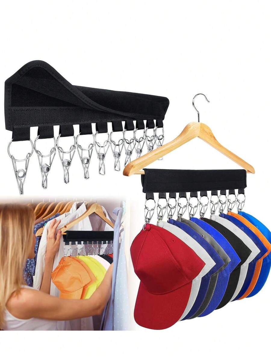 Multi-Functional Clip-On Hanger, Self-Adhesive Portable Household No Drill Hook And Loop Hat, Scarf, Tie, Towel Storage Rack, Foldable Compact Clothes Hanger For Travel, Washable Flocked/Mesh Black Garment Accessory Organizer