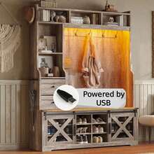 7-In-1 Farmhouse Hall Tree With Bench And Shoe Cabinet, LED Entryway Organizer With 2 Drawers, 12 Shoe Cubbies, Barn Doors And 7 Coat Racks - 灰色 - 查看 9