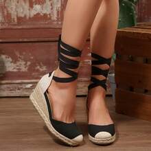 Women's Espadrille Platform Wedge Sandals – Closed Toe Ankle Strap Lace Up Summer Shoes - màu đen - Xem 4
