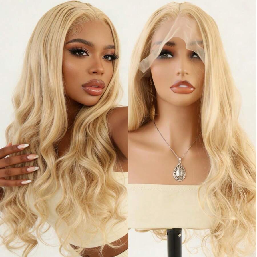 13*4 Inch Synthetic Lace Front Wig With Bangs, Heat Resistant & Breathable, Made Of Synthetic Fiber, Natural Hairline, Freely Parted, Suitable For Party, Daily Wear, Music Festival In Spring & Summer, Gold Wavy Lace Front - Multicolor - View 1