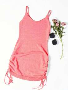 Vestido de camisola de punto con cordón lateral fruncido de unicolor, casual de verano en rosa - Rosa - Ver 3