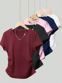A Simple Solid-Color Short-Sleeved T-Shirt Set For Women, Suitable For Daily Wear And Easy To Match With Various Outfits. Includes 1 Piece - Màu Đỏ Sâu - Xem 12