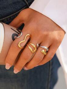 Frminee 3 piezas/1 pieza Anillos apilables de acero inoxidable grueso para mujeres, anillos de nudillo abiertos exagerados chapados en oro de 18K - Color mezclado oro y plata - Ver 3