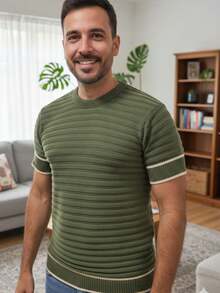 Basic Two-Tone Knit Shirt, Short Sleeve, Ribbed, Stylish Summer Knit T-Shirt, Men's Blouse - Army Green - View 1