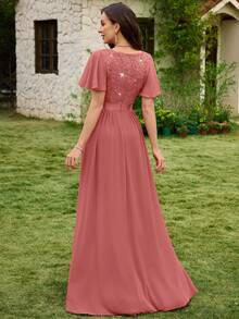 MIUSOL V-Neck Sequin Floral Lace Patchwork Chiffon Ruffle Sleeve Side Slit Maxi Evening Party Dress Spring Wedding - Dusty Pink - View 3